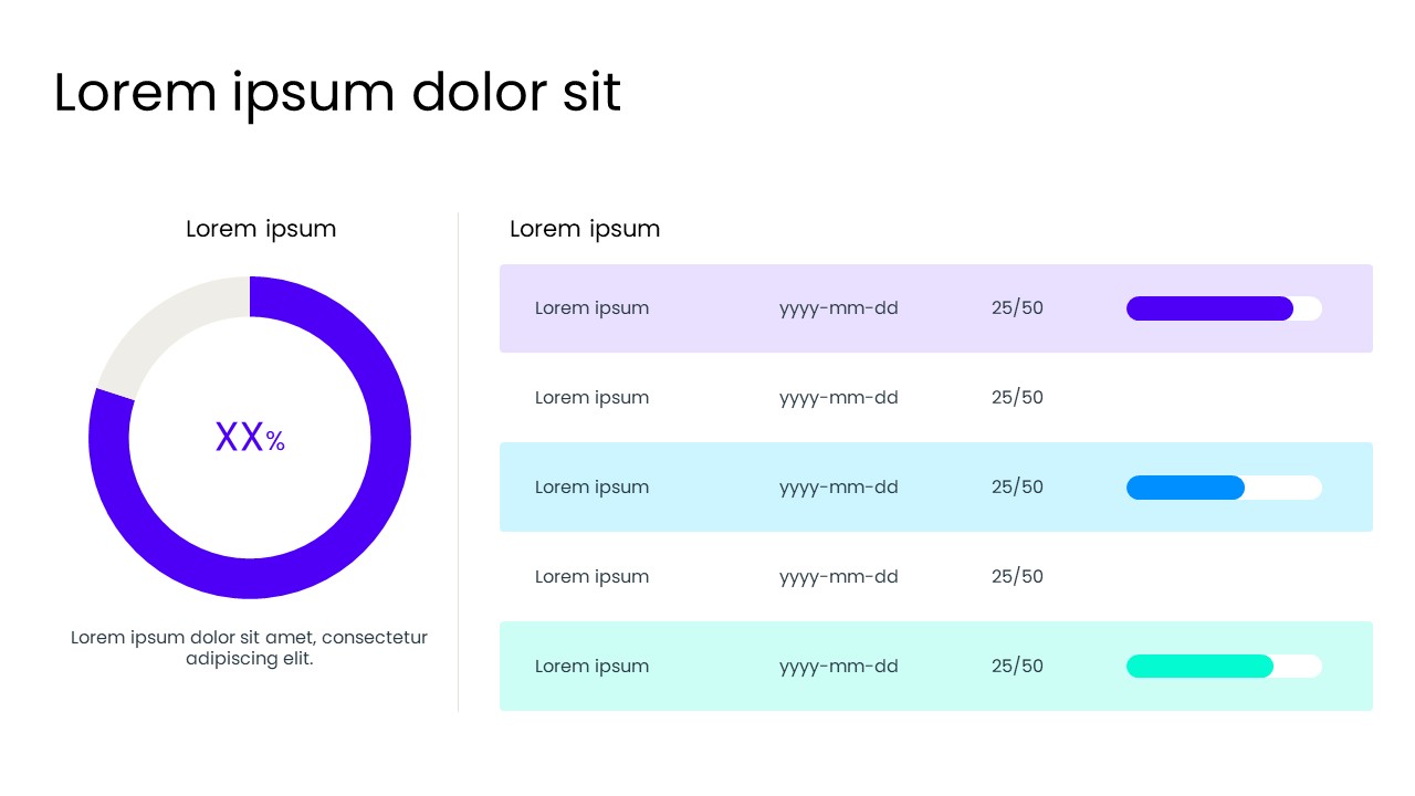 Modern PowerPoint Dashboard Slide with Donut Chart and Progress Bars